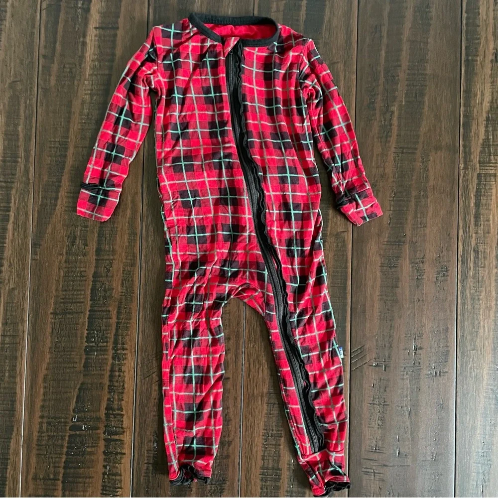 Kickee Pants Red Plaid Ruffle Bamboo Zip One Piece